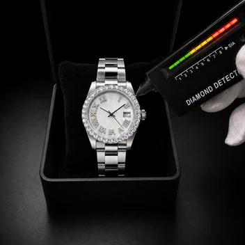 Men’s Silver Roman Dial Moissanite Watch – Diamond-Style Bezel image 3