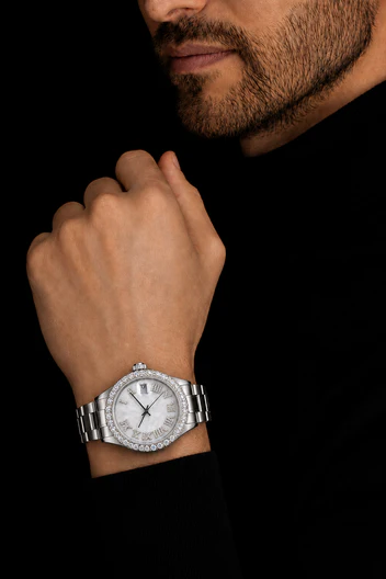 Men’s Silver Roman Dial Moissanite Watch – Diamond-Style Bezel image 4