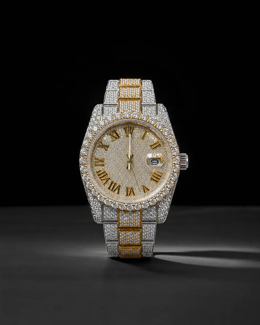 Luxury Iced-Out Two-Tone CZ Roman Numeral Watch with Date Display – Gold & Silver Finish