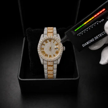 Luxury Iced-Out Two-Tone CZ Roman Numeral Watch with Date Display – Gold & Silver Finish