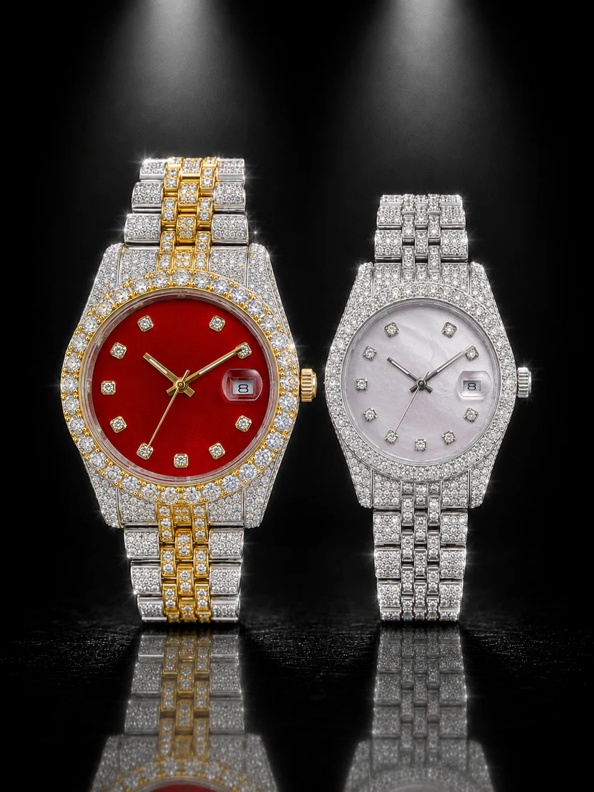 Luxury Full Moissanite His & Hers Watch Set – Fully Iced Out with Red & Mother of Pearl Dials | Date Display