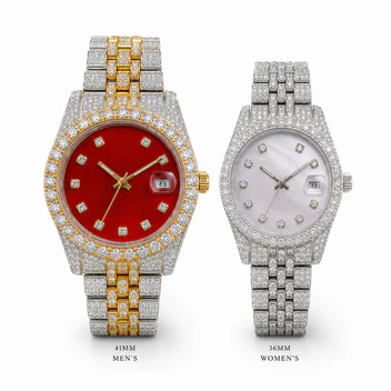 Luxury Full Moissanite His & Hers Watch Set – Fully Iced Out with Red & Mother of Pearl Dials | Date Display