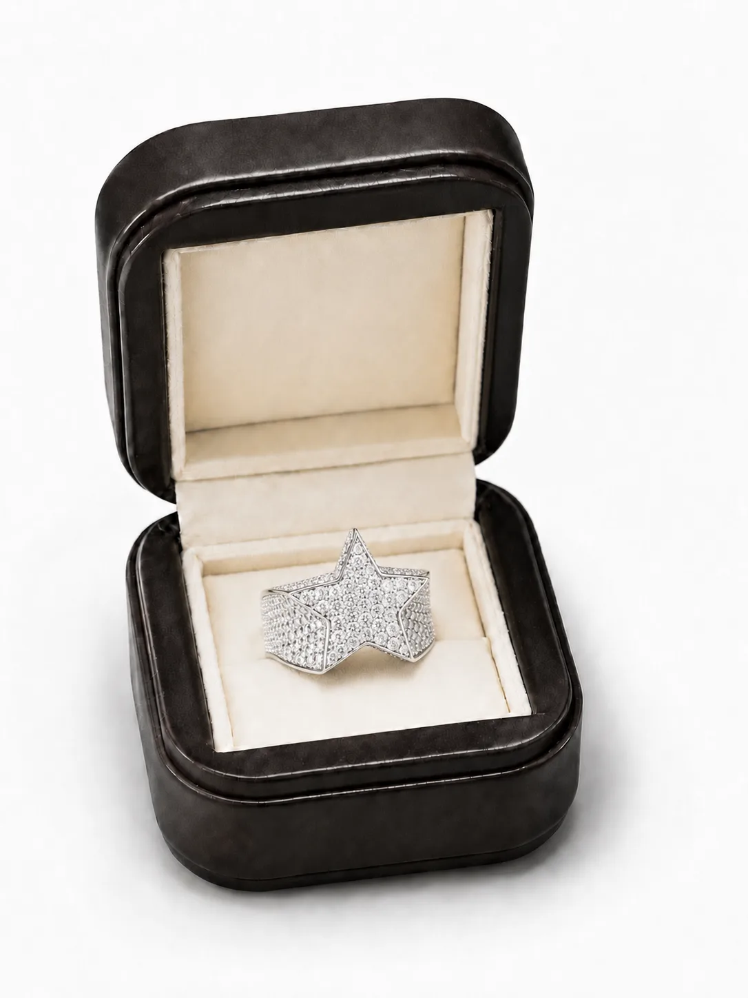 26MM Iced Star VVS Moissanite Statement Ring – 925 Sterling Silver, 14K White Gold Plated
