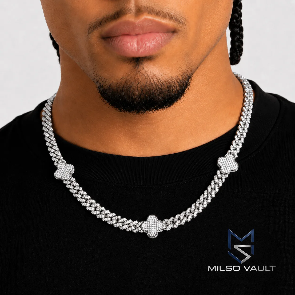 8MM Four Leaf Clover VVS Moissanite Cuban Link Chain – 925 Sterling Silver & 14K Gold PVD image 4