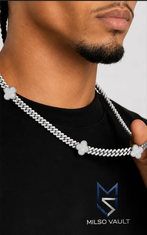 8MM Four Leaf Clover VVS Moissanite Cuban Link Chain – 925 Sterling Silver & 14K Gold PVD image 6