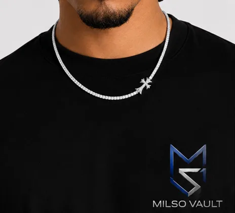 Men’s VVS Moissanite Vintage Cross Tennis Chain – 925 Sterling Silver, 14K White Gold Plated