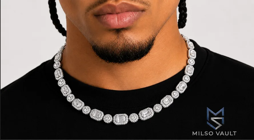 12MM VVS Moissanite Halo Cluster Tennis Chain – 925 Sterling Silver, 14K Gold PVD Finish image 5