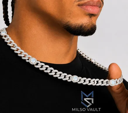 12MM VVS Moissanite Opal Station Cuban Link Chain – 925 Sterling Silver, 14K White Gold Plated