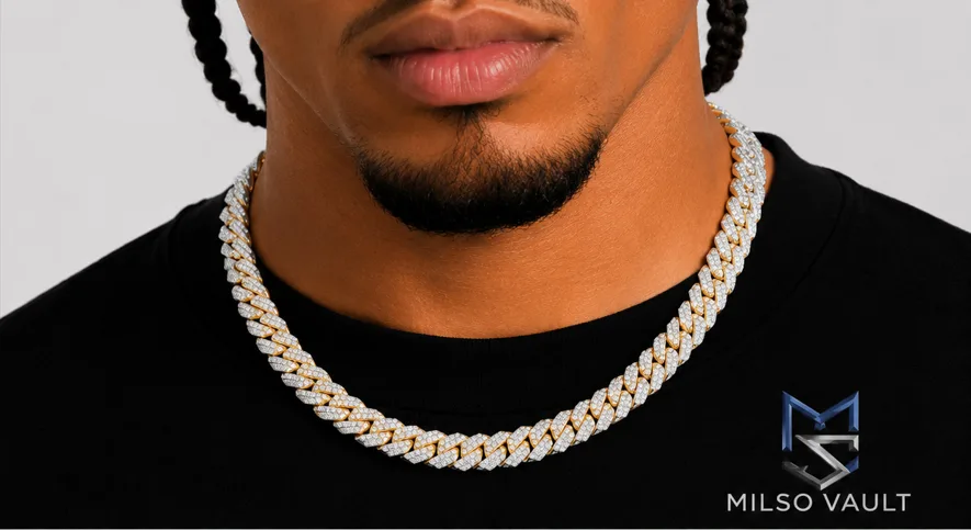 10MM Two-Tone VVS Moissanite Cuban Link Chain – 925 Sterling Silver, 14K Gold PVD