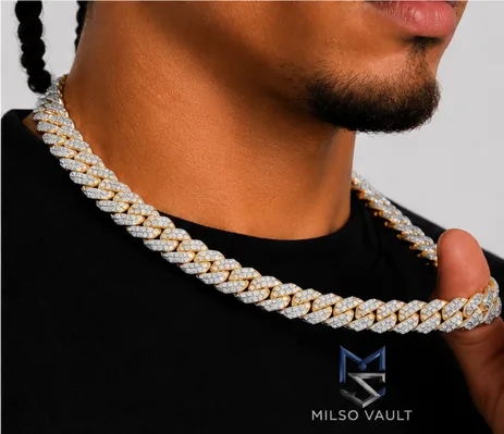 10MM Two-Tone VVS Moissanite Cuban Link Chain – 925 Sterling Silver, 14K Gold PVD image 3