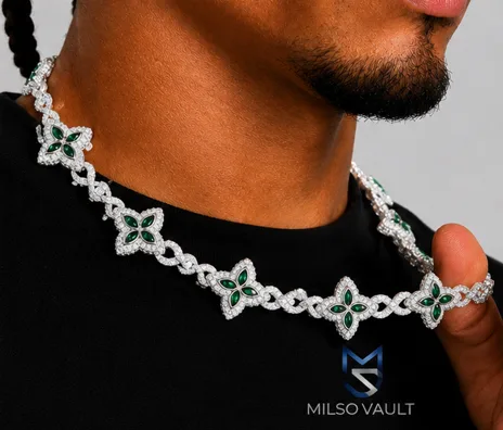 21MM Green Clover VVS Moissanite Iced Out Chain – 925 Sterling Silver, White Gold Finish