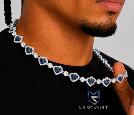 9MM Blue Heart VVS Moissanite Tennis Chain – 925 Sterling Silver, White Gold Finish