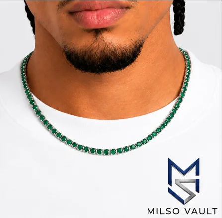 3MM Emerald Green VVS Moissanite Tennis Chain – 925 Sterling Silver, 14K White Gold Plated