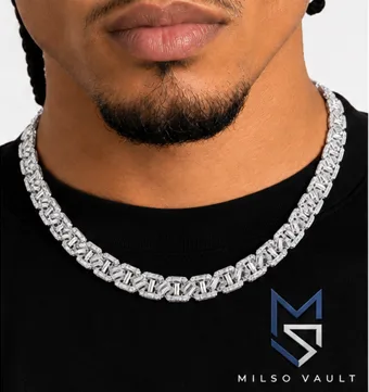 Men’s 8MM Iced Out Baguette Mariner Chain – VVS Moissanite, 925 Silver with White Gold Finish