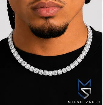 Men’s 10MM Iced Out Moissanite Cluster Tennis Chain – 925 Silver with White Gold Finish