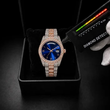 Luxury Men’s Two-Tone Blue Dial Moissanite Watch – Iced Out Day-Date Display