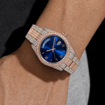 Luxury Men’s Two-Tone Blue Dial Moissanite Watch – Iced Out Day-Date Display image 4