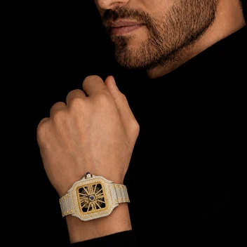 Men’s Two-Tone Iced Out Skeleton Watch – Yellow Gold & White Gold image 3
