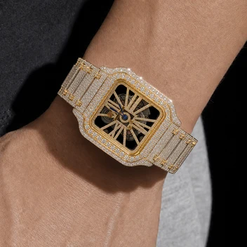 Men’s Two-Tone Iced Out Skeleton Watch – Yellow Gold & White Gold image 4
