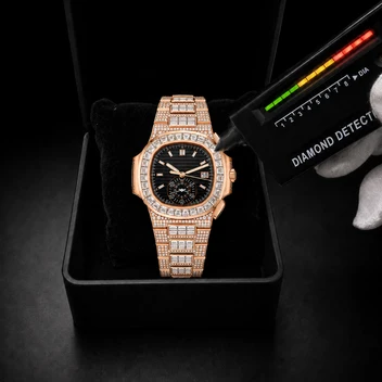 Men’s Rose Gold VVS Moissanite Watch – Black Dial & Baguette Iced Bezel