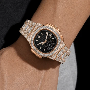 Men’s Rose Gold VVS Moissanite Watch – Black Dial & Baguette Iced Bezel image 4