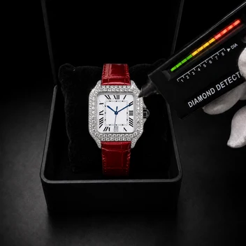 Men’s VVS Moissanite Iced Out Watch – Roman Dial & Red Leather Strap