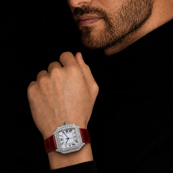 Men’s VVS Moissanite Iced Out Watch – Roman Dial & Red Leather Strap image 3