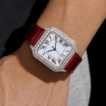 Men’s VVS Moissanite Iced Out Watch – Roman Dial & Red Leather Strap image 4