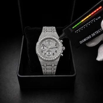Men’s VVS Moissanite Iced Out Chronograph Watch – Silver Full Bust Down Bracelet