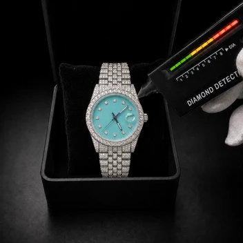 Men’s 41mm Aqua Blue Dial VVS1 Moissanite Iced Out Watch – Full Bust Down Bracelet