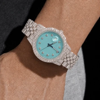 Men’s 41mm Aqua Blue Dial VVS1 Moissanite Iced Out Watch – Full Bust Down Bracelet image 4
